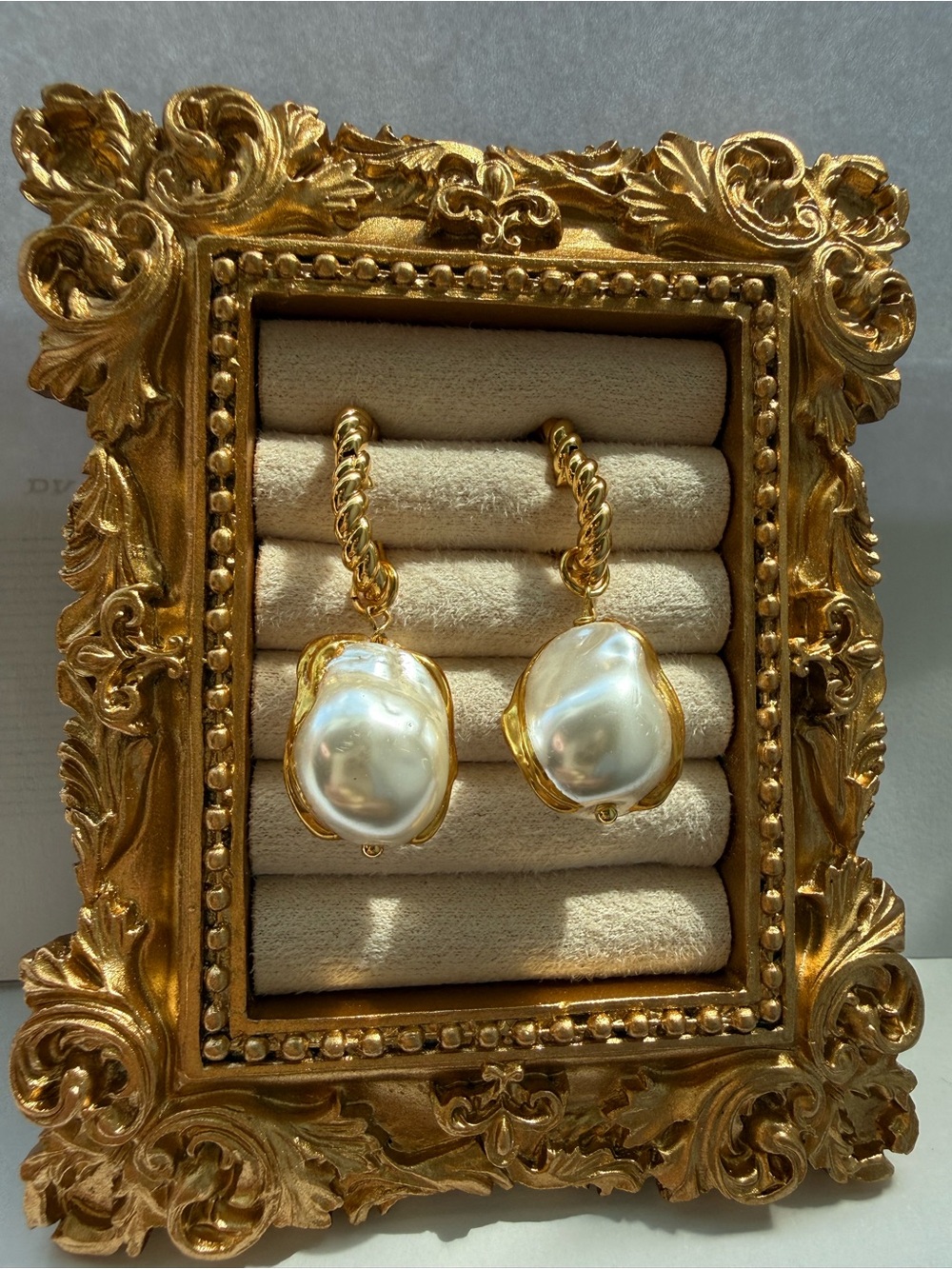 Gold and White Baroque Pearl Drop Earrings